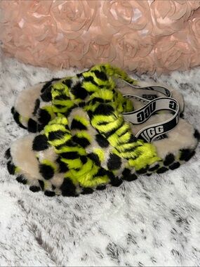 UGG Neon Yellow and Black Leopard Faux Fur Slide Sandals